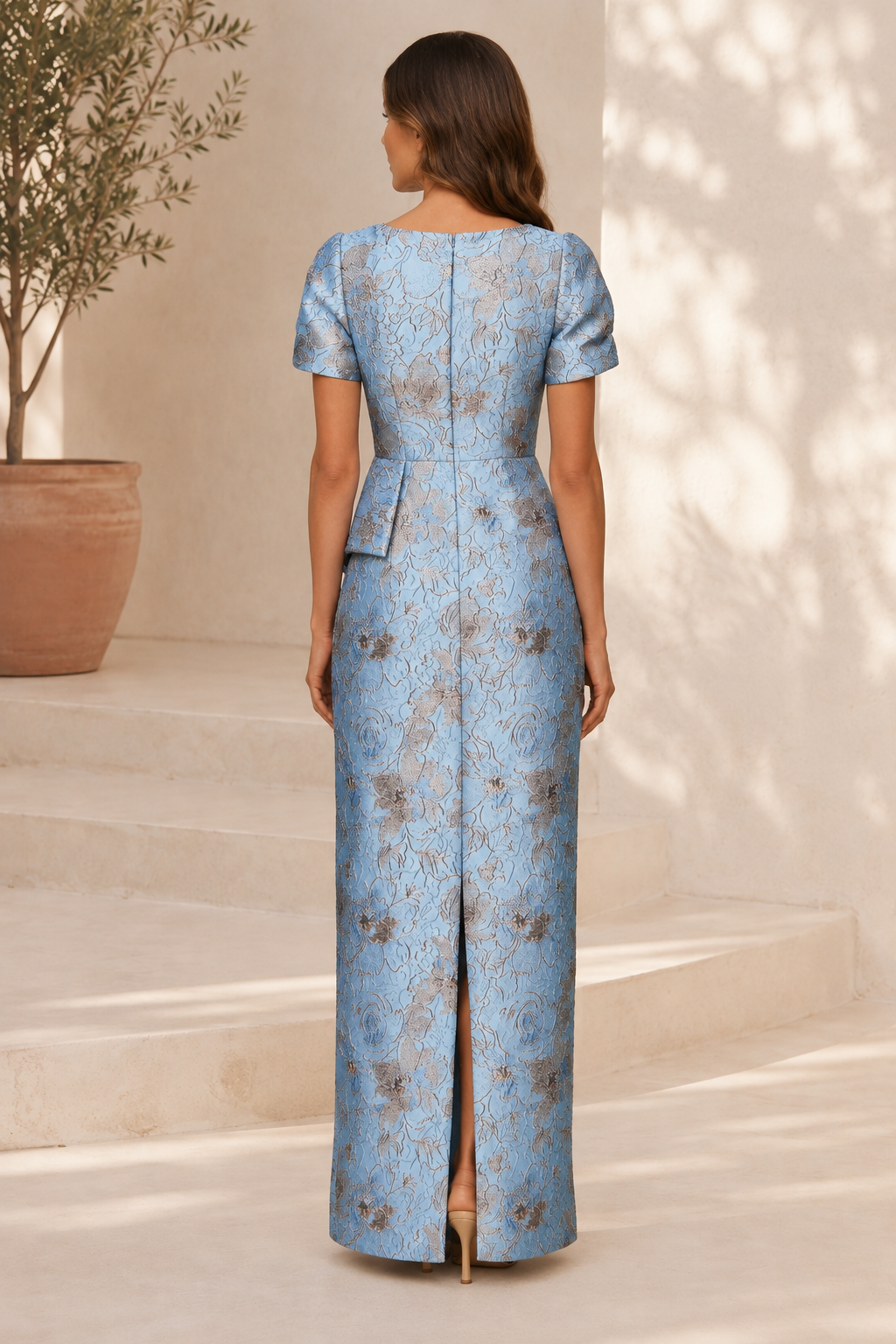 Floral Jacquard Peplum Column Evening Gown