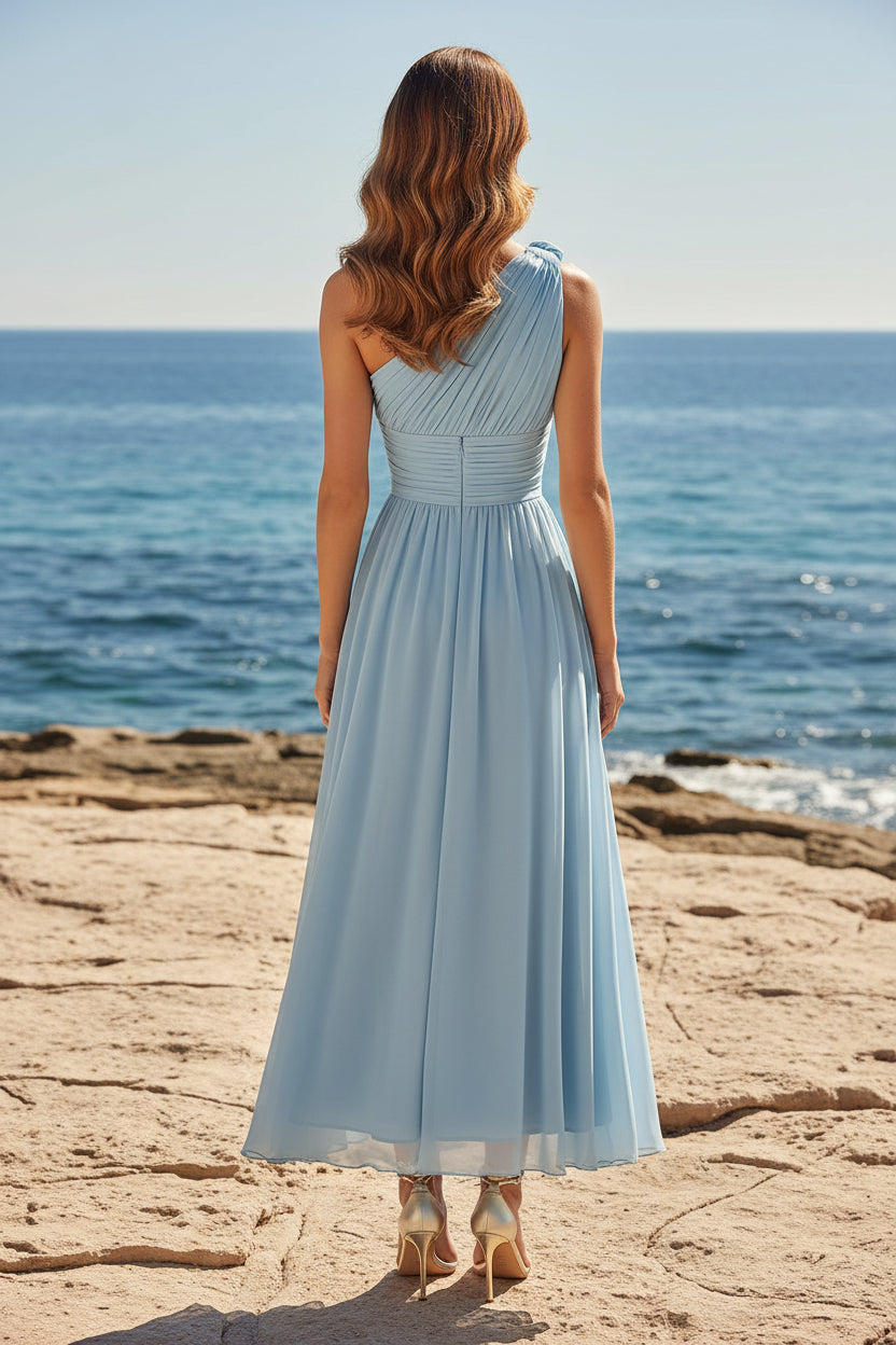 One-Shoulder Pleated Chiffon Midi Dress