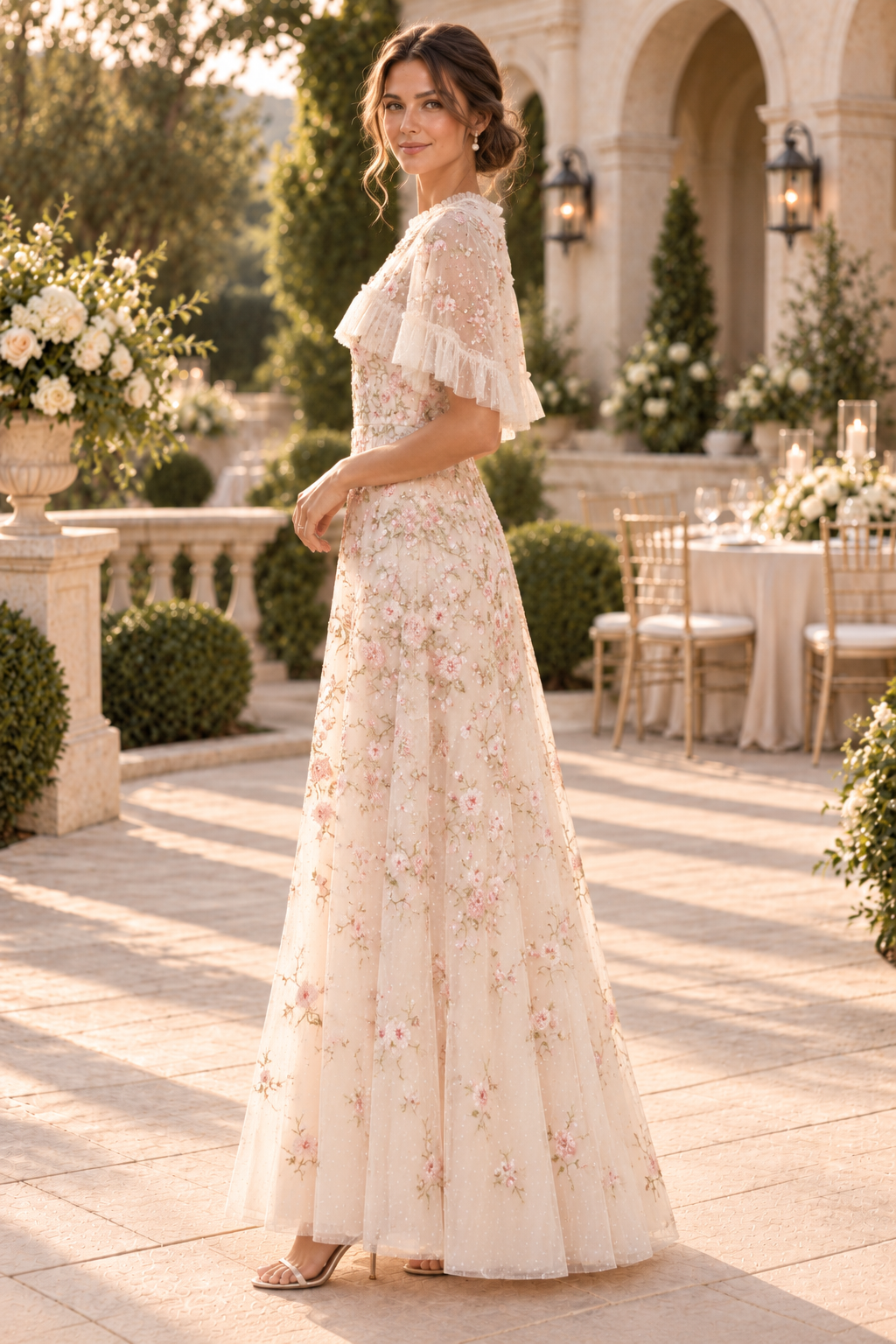Embroidered Floral A-Line Gown with Capelet