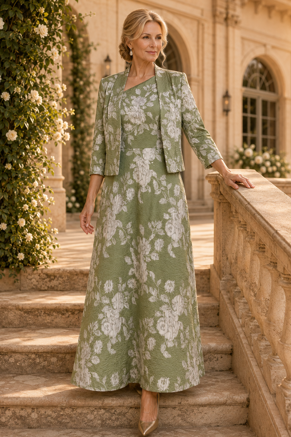 Floral Jacquard Maxi Dress and Jacket Set