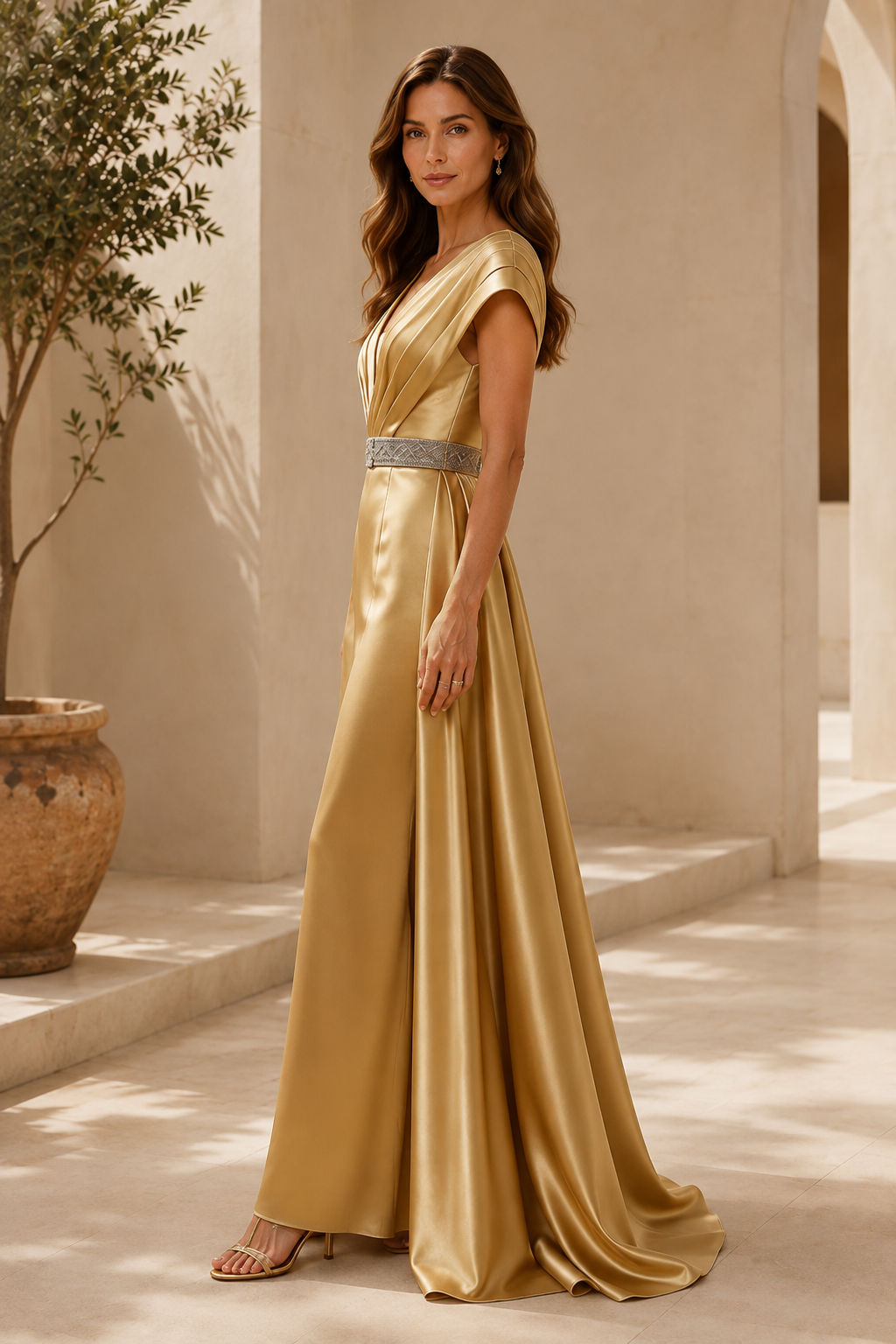 Pleated Satin Evening Gown with Beaded Belt