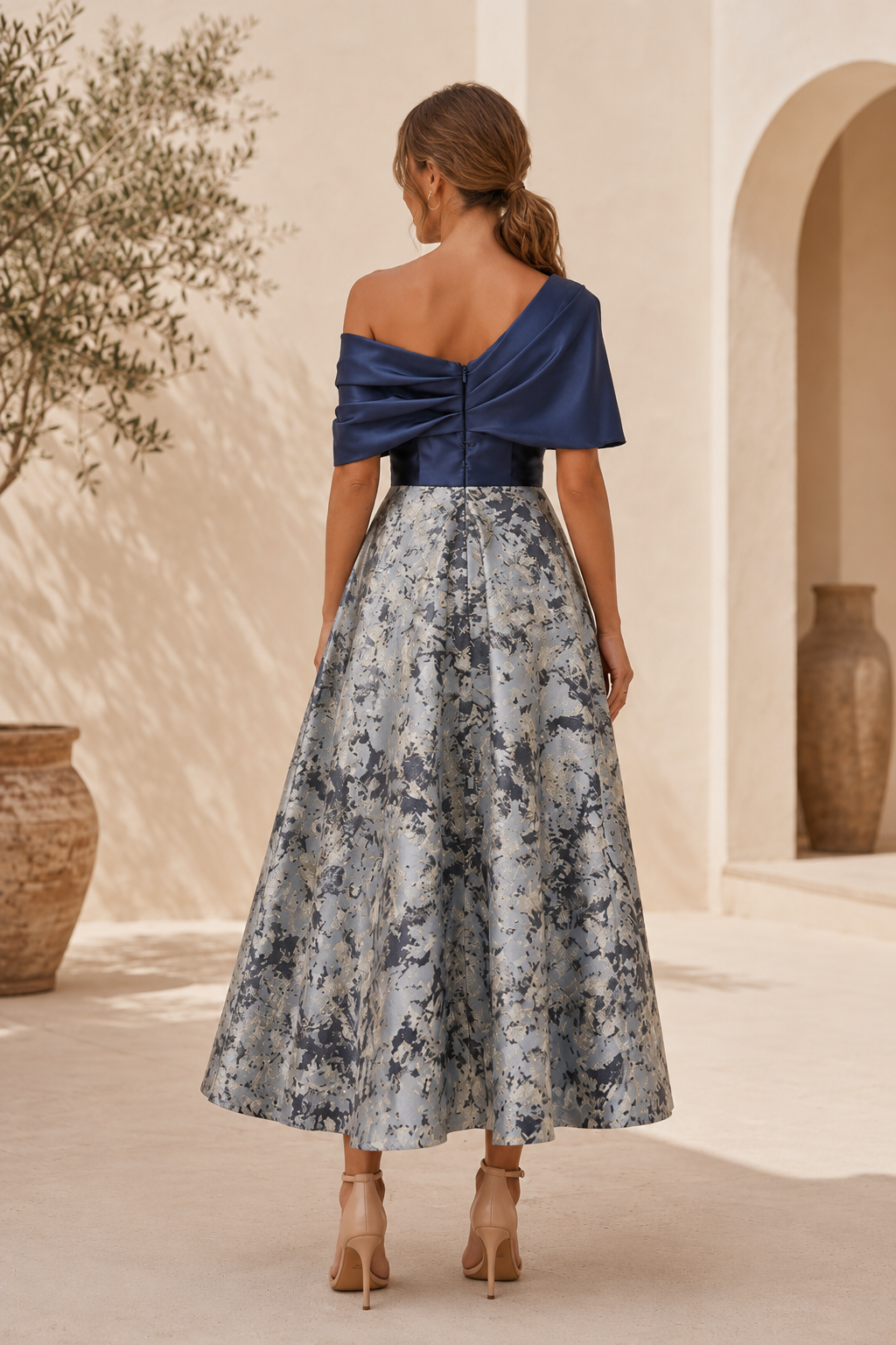 One-Shoulder Satin Top Dress with Metallic Jacquard Skirt