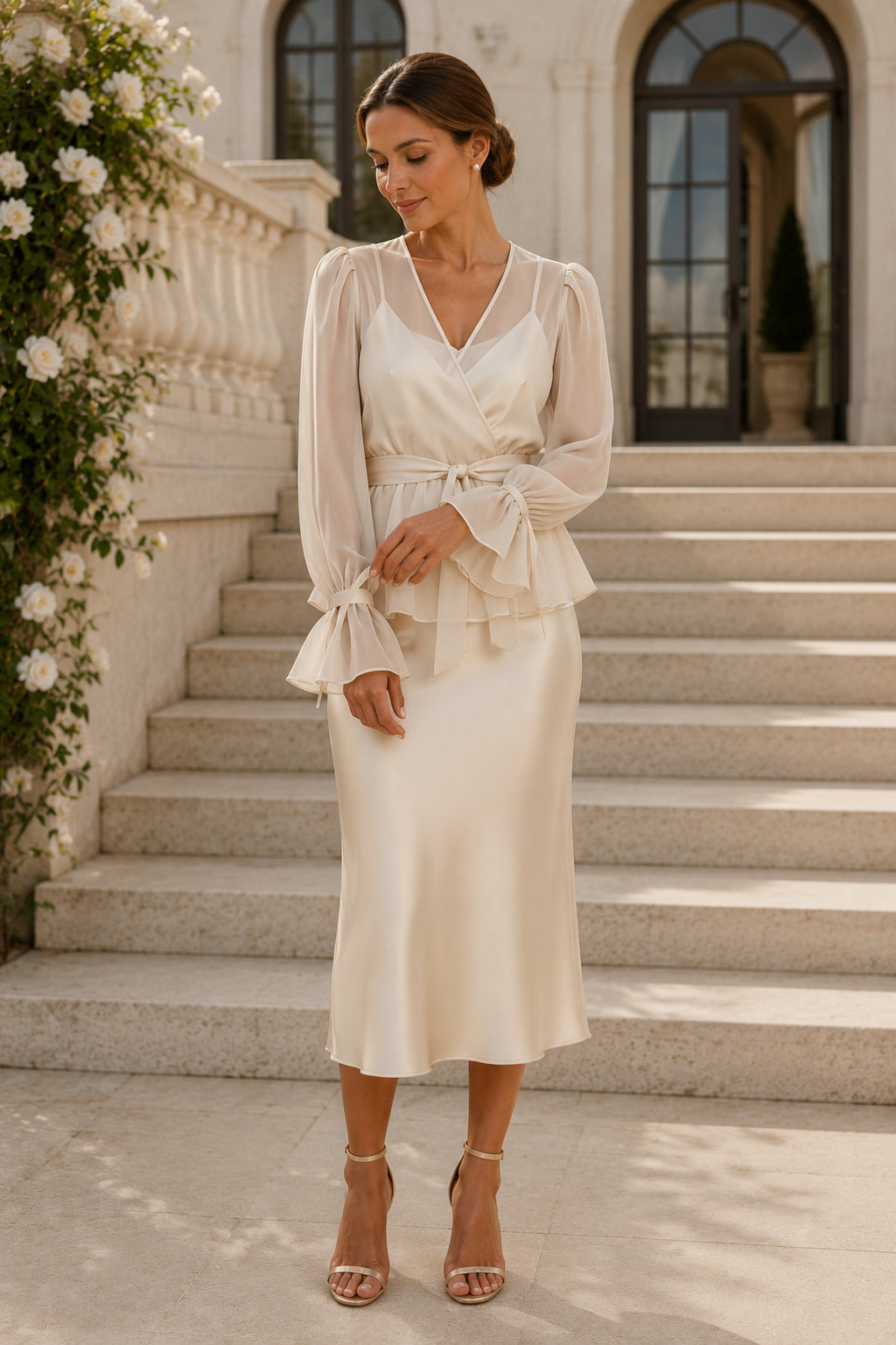 Long Sleeve Wrap Peplum Midi Dress with Flared Cuffs