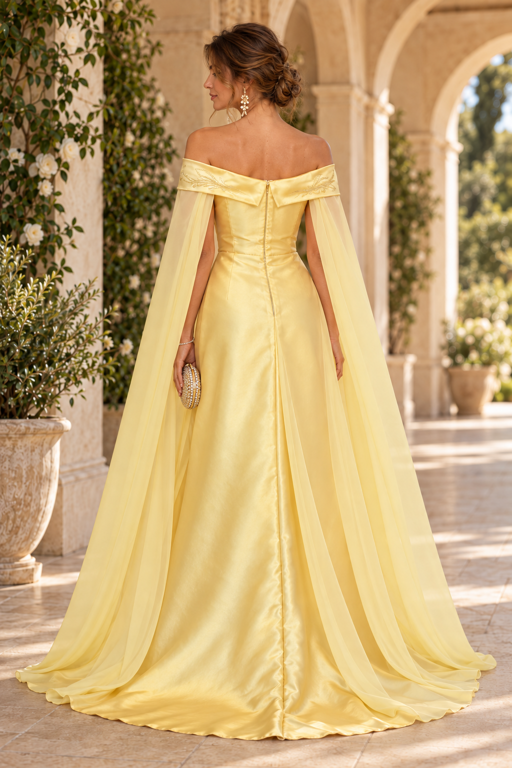 Off-the-Shoulder Cape Evening Gown with Slit
