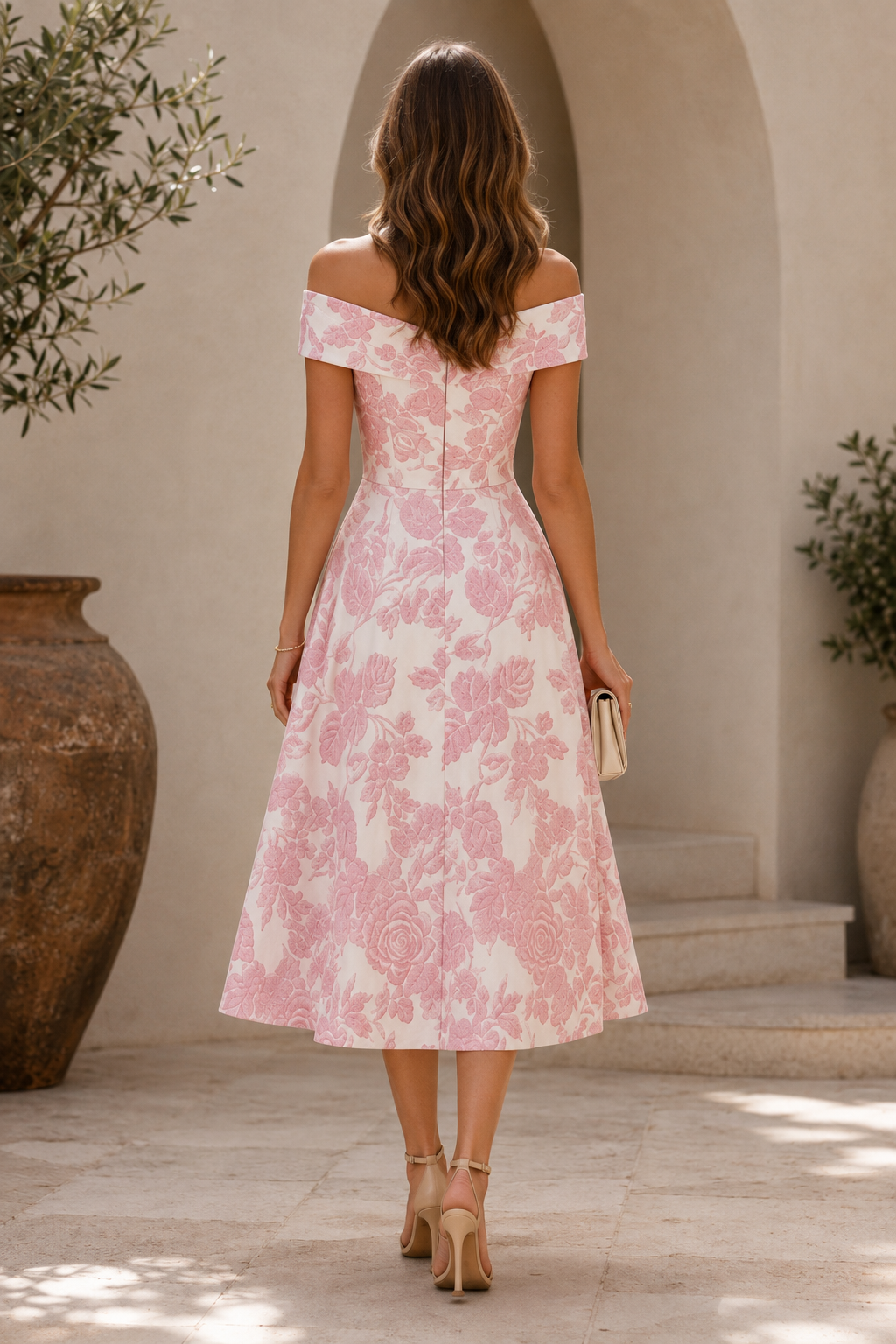 Off-the-Shoulder Floral Jacquard Midi Dress