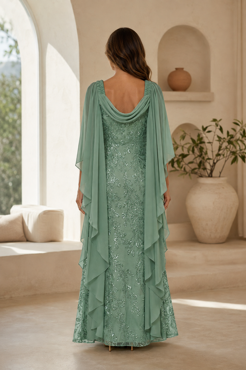 Sequin Lace Gown with Cowl Neck Chiffon Cape Sleeves