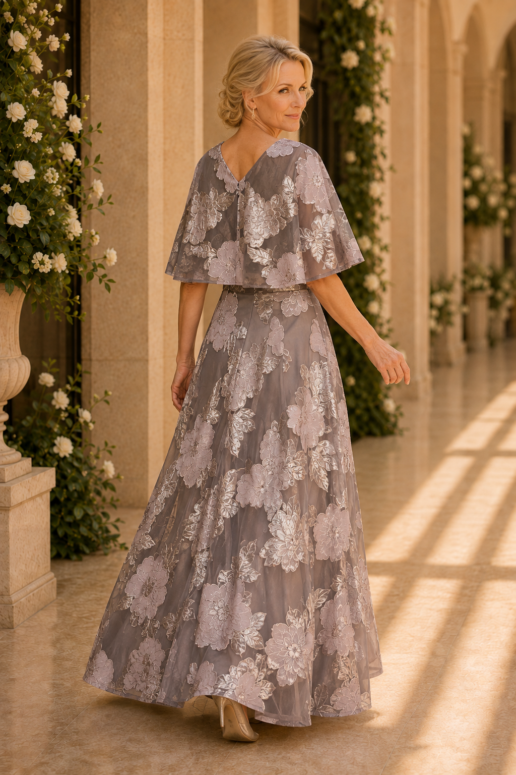 Floral Jacquard Capelet A-Line Evening Gown