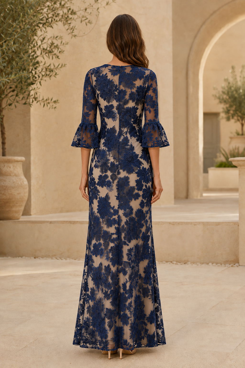 Floral Embroidered Illusion Gown with Bell Sleeves
