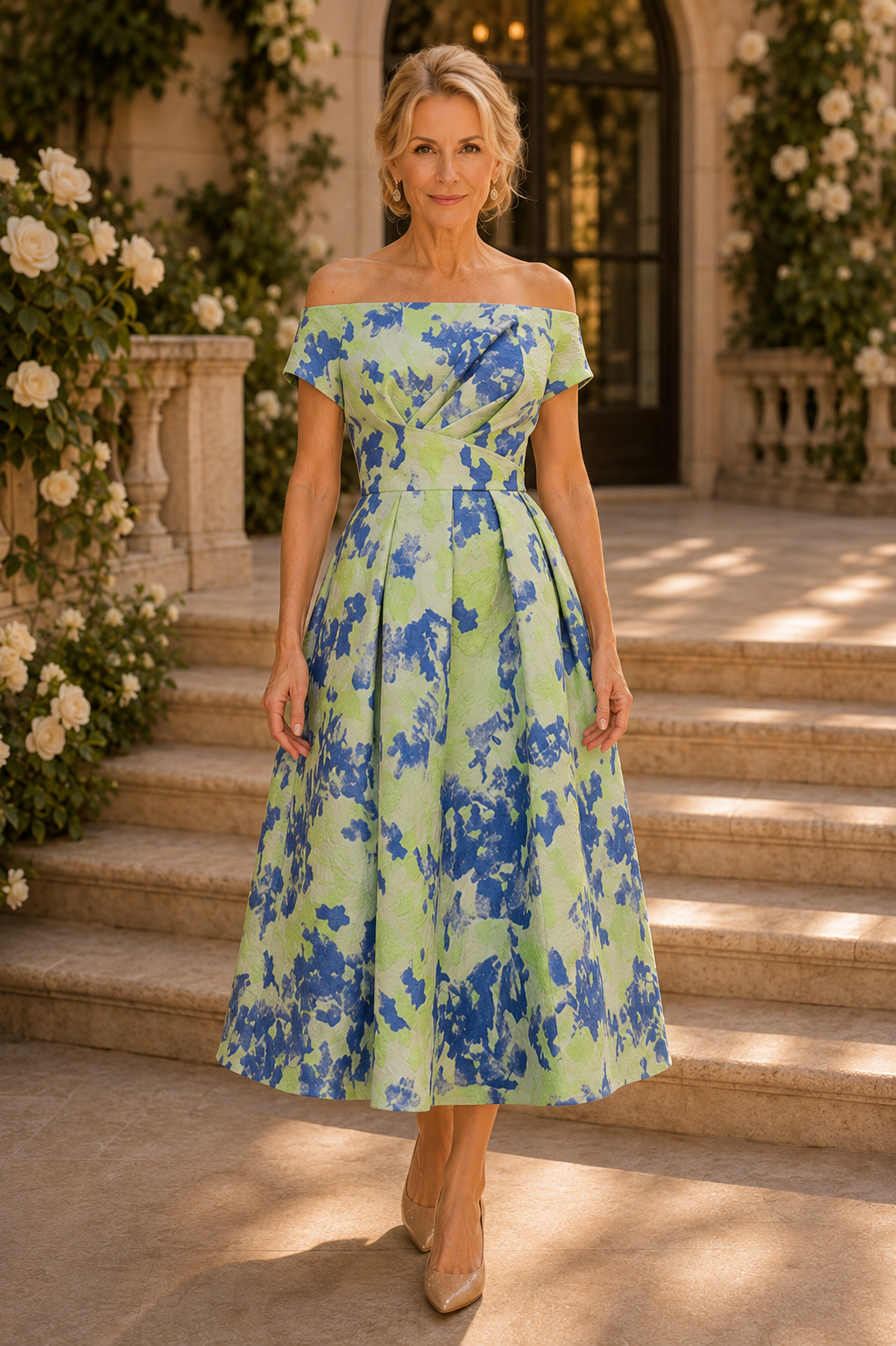 Off-Shoulder Pleated Floral Jacquard Midi Dress