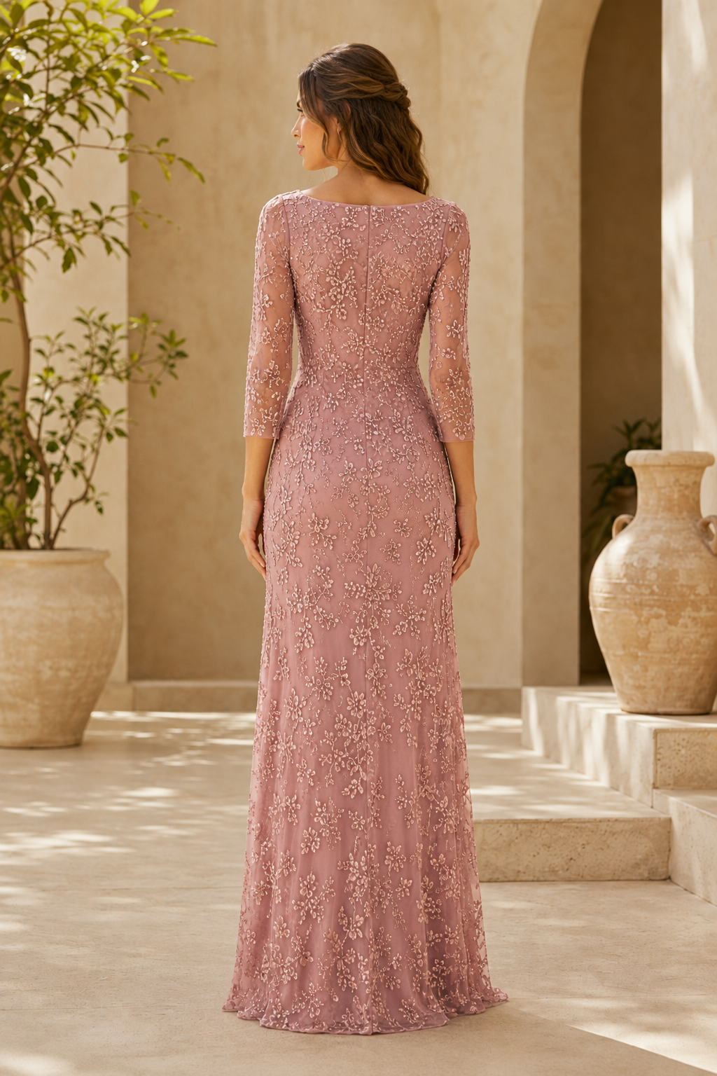 Bateau Neck Lace Evening Gown with 3/4 Sleeves