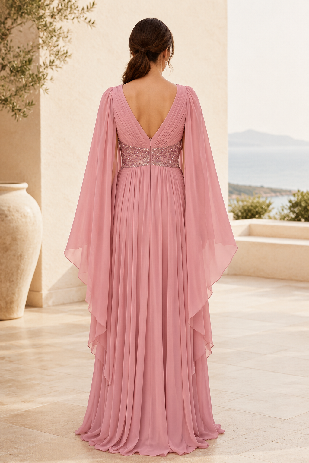 Cape-Sleeve Chiffon Evening Gown with Beaded Waist
