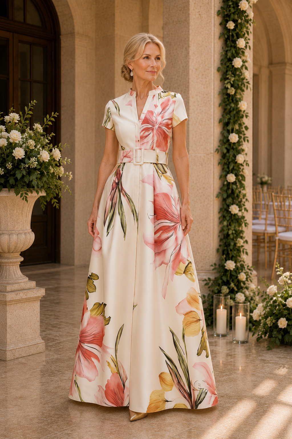 Floral Print Belted A-Line Maxi Dress with Sleeves