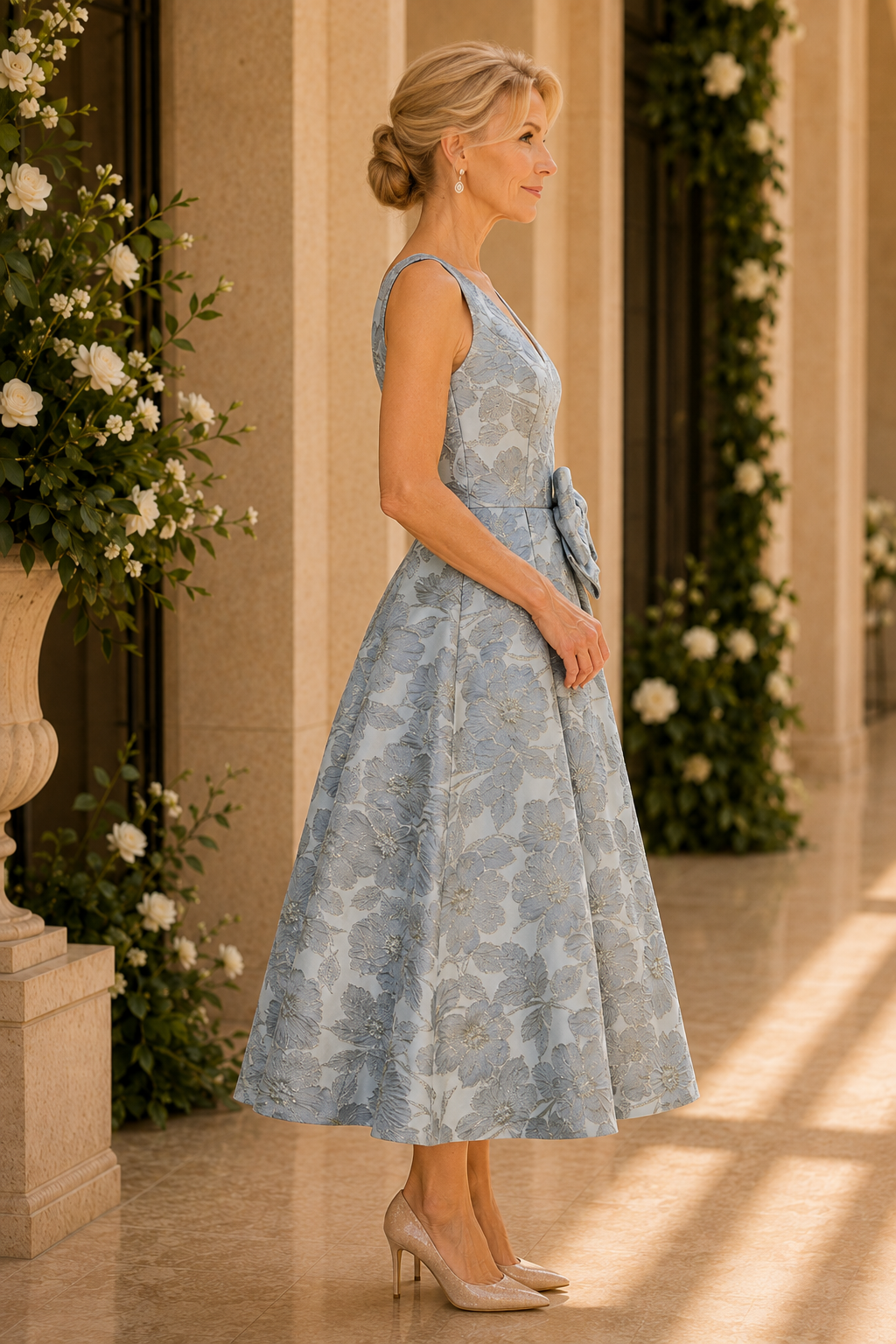Floral Jacquard Tea-Length Dress with Bow
