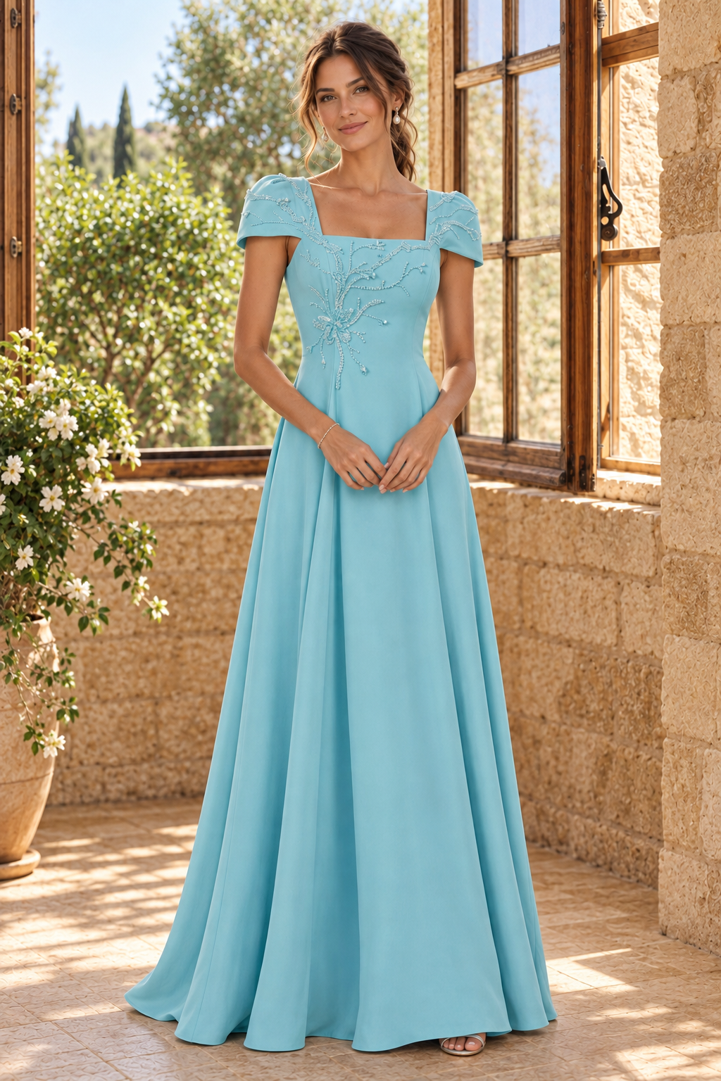 Beaded Square Neck A-Line Gown with Cap Sleeves