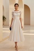 Tea-Length Lace Bodice Satin A-Line Dress