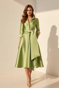 Satin Midi Shirt Dress with Bow Belt & Full Skirt