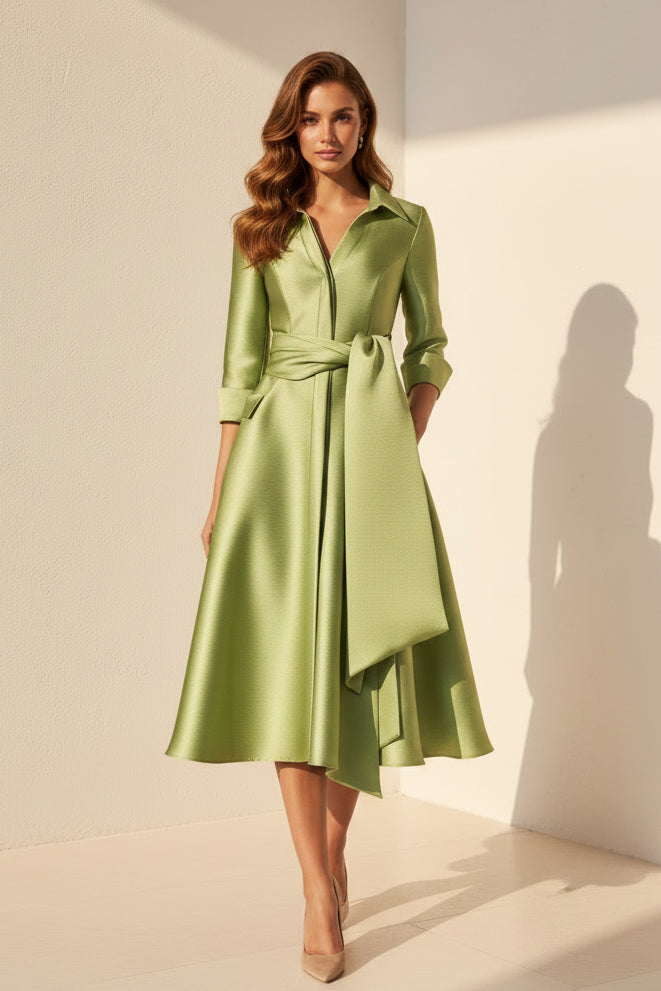 Satin Midi Shirt Dress with Bow Belt & Full Skirt