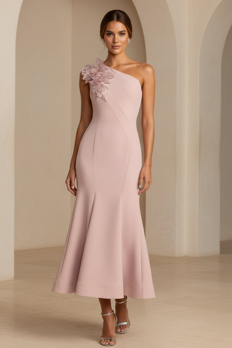 One-Shoulder Crepe Trumpet Midi Dress with 3D Flower