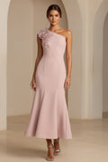 One-Shoulder Crepe Trumpet Midi Dress with 3D Flower