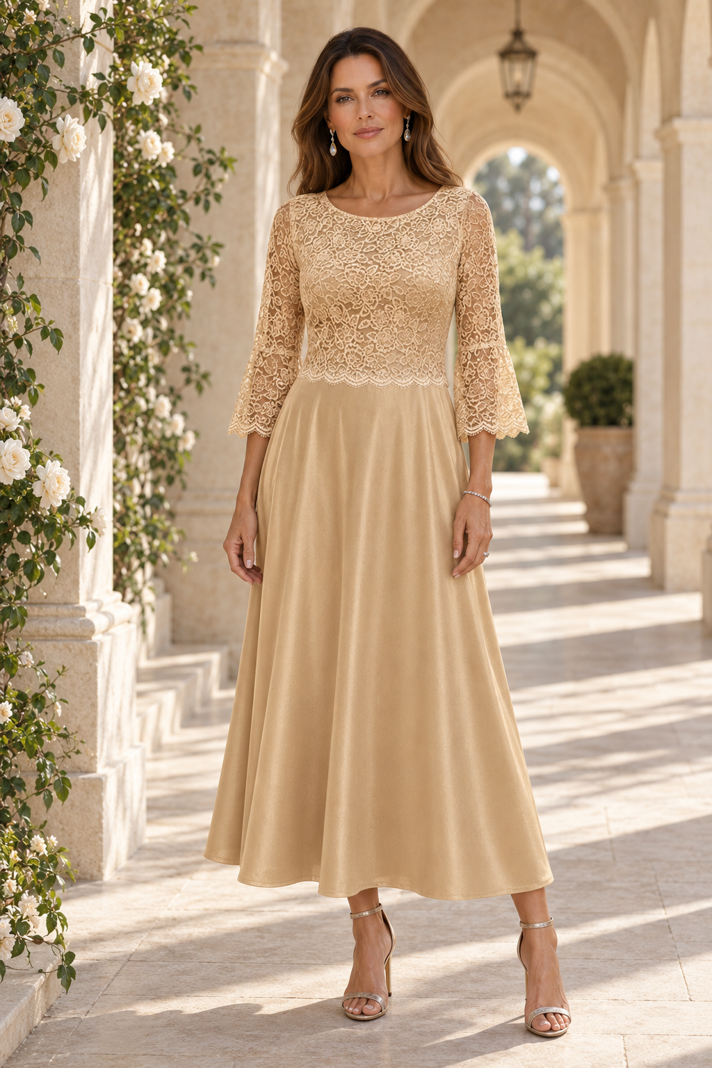 Lace Bodice Bell Sleeve A-Line Tea-Length Dress