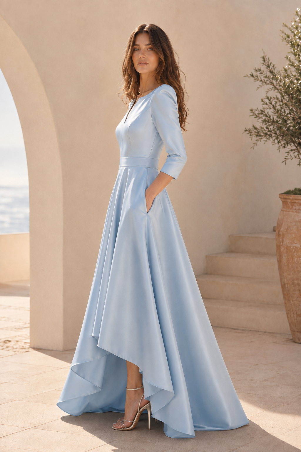 High-Low Satin A-Line Gown with 3/4 Sleeves