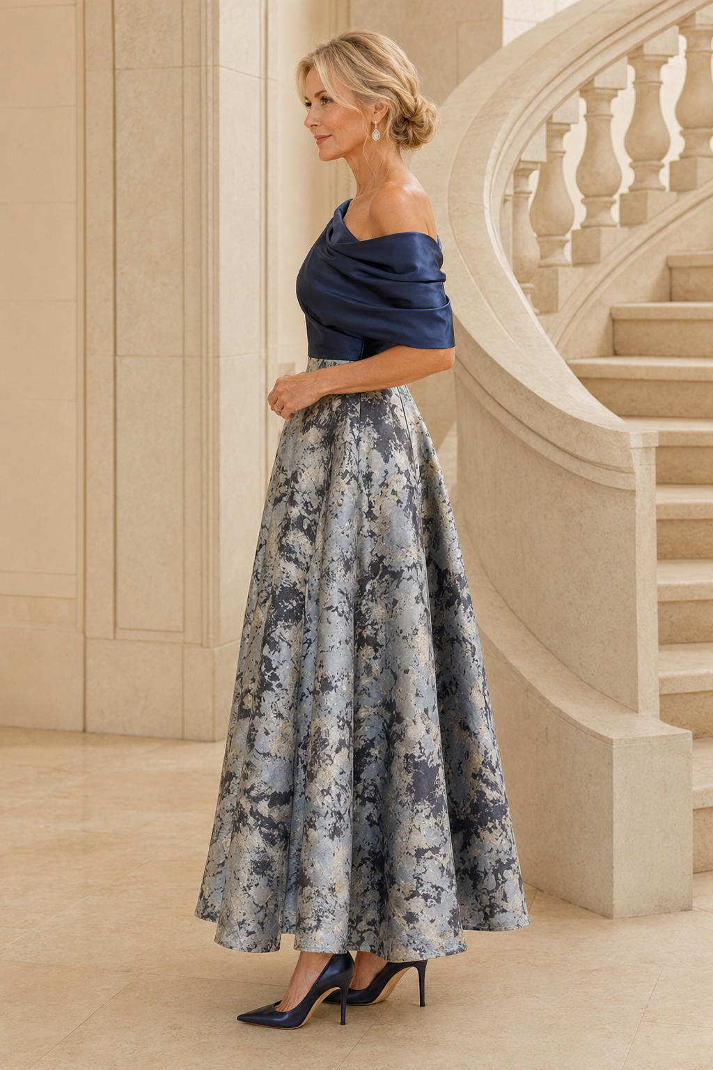 Draped One-Shoulder Satin Jacquard A-Line Dress