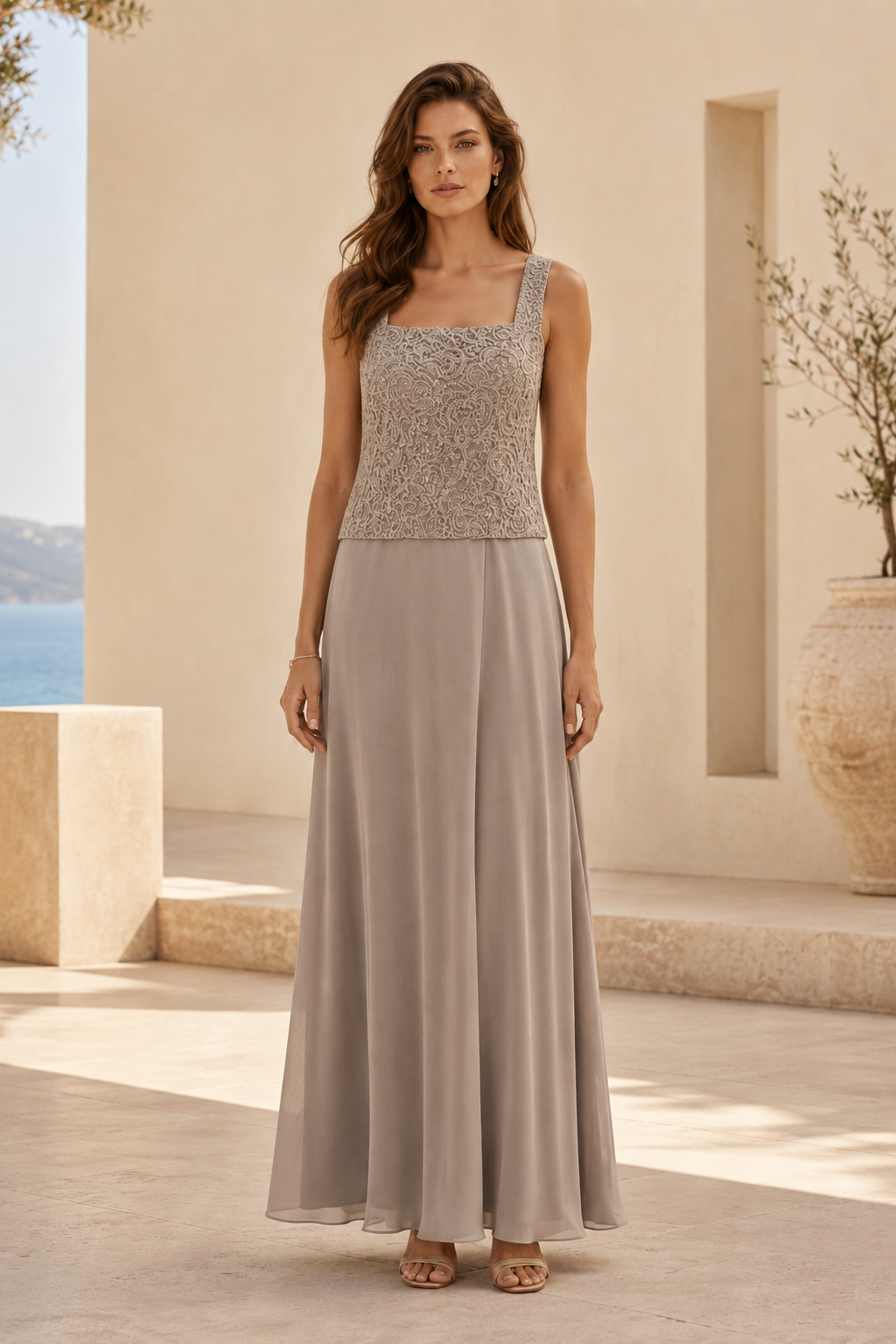 Lace Jacket & Chiffon A-Line Evening Gown