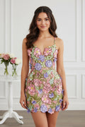 3D Floral Applique Mini Dress with Lace-Up Back