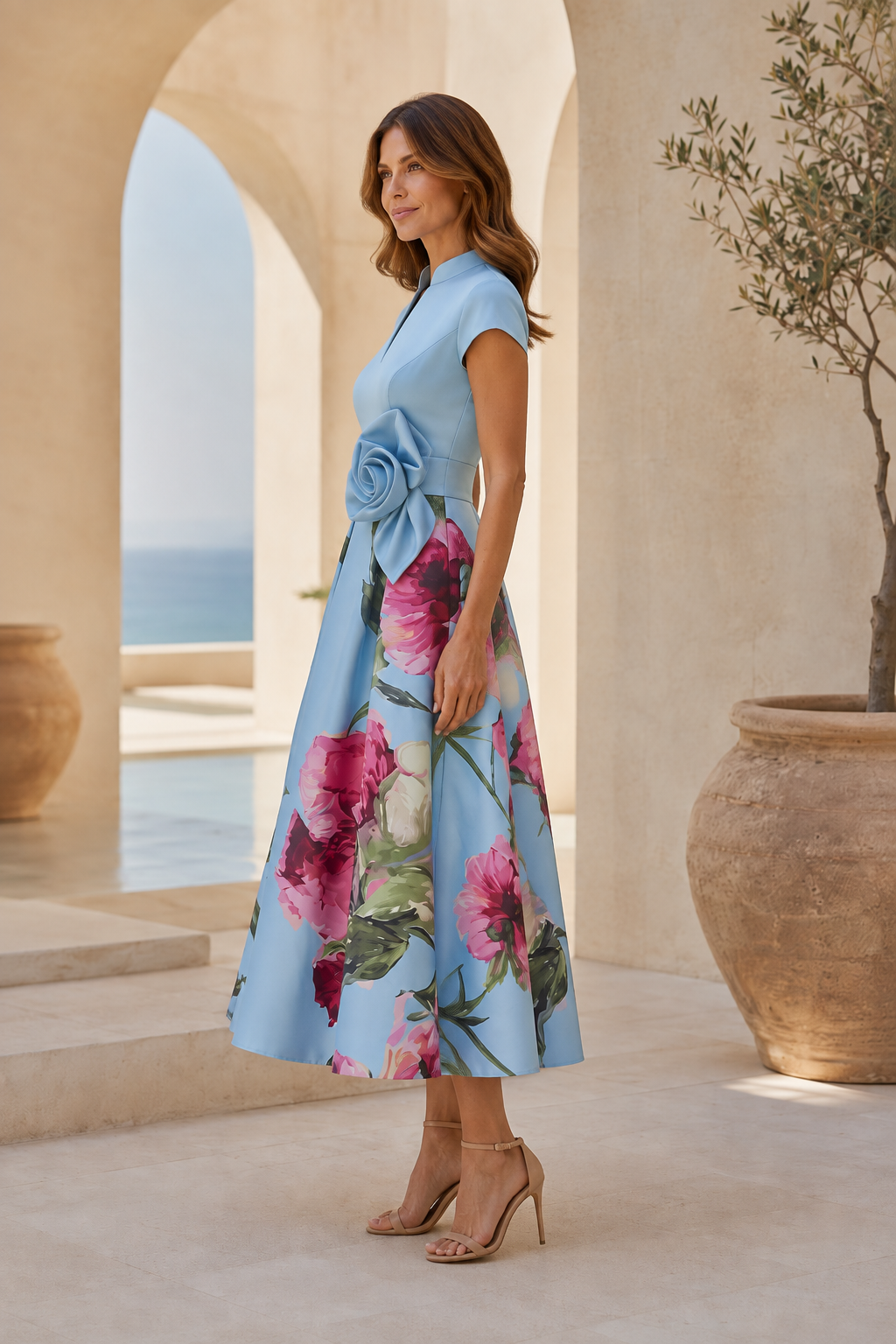 Floral Print Fit-and-Flare Midi Dress with Flower Waist
