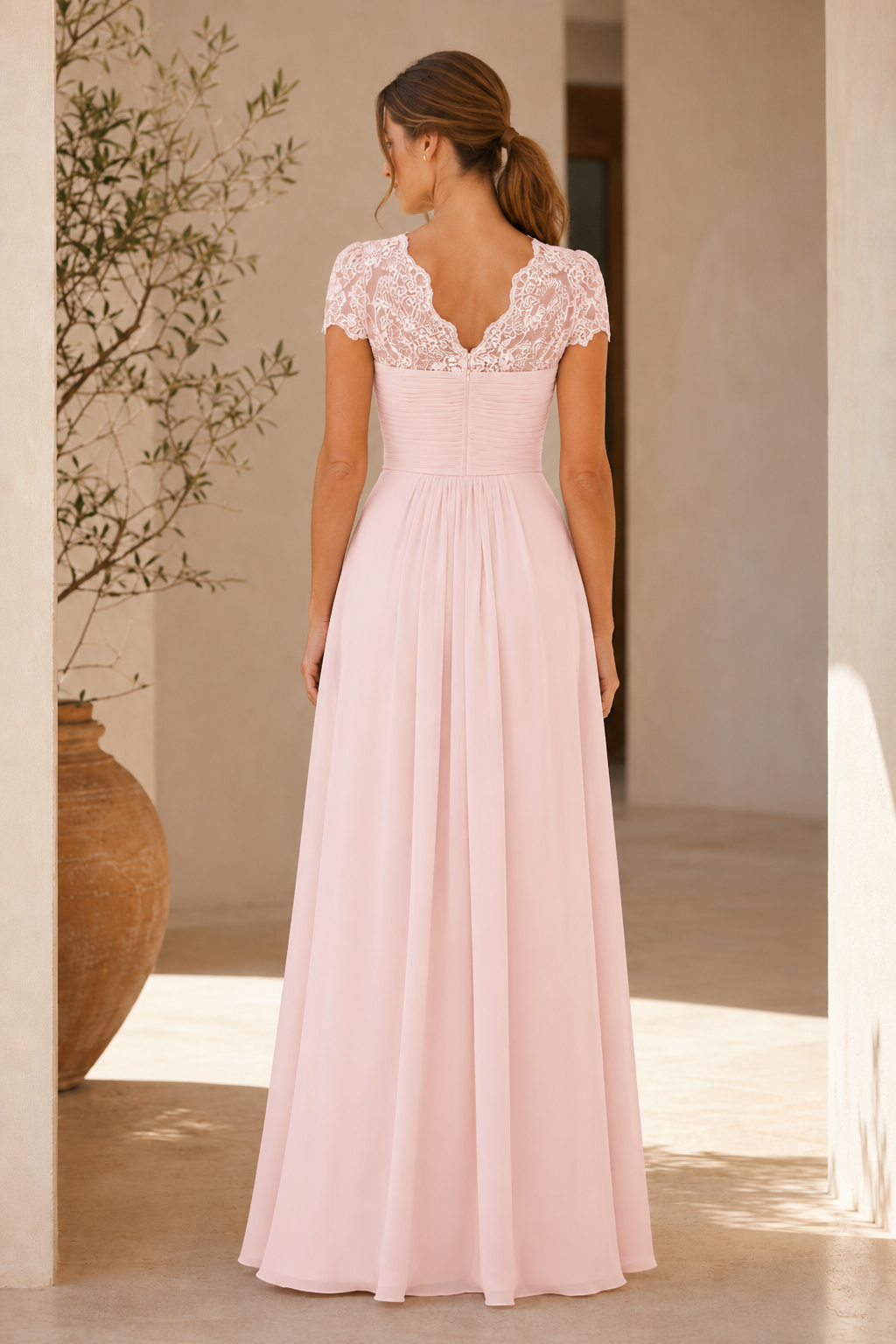 Lace Cap Sleeve Ruched Maxi Dress with Ruffle