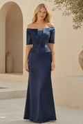 Off the Shoulder Lace Peplum Evening Gown