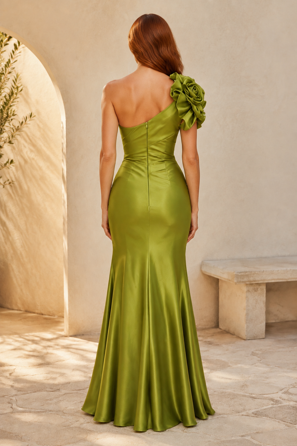 One-Shoulder Satin Mermaid Gown with 3D Rose Detail