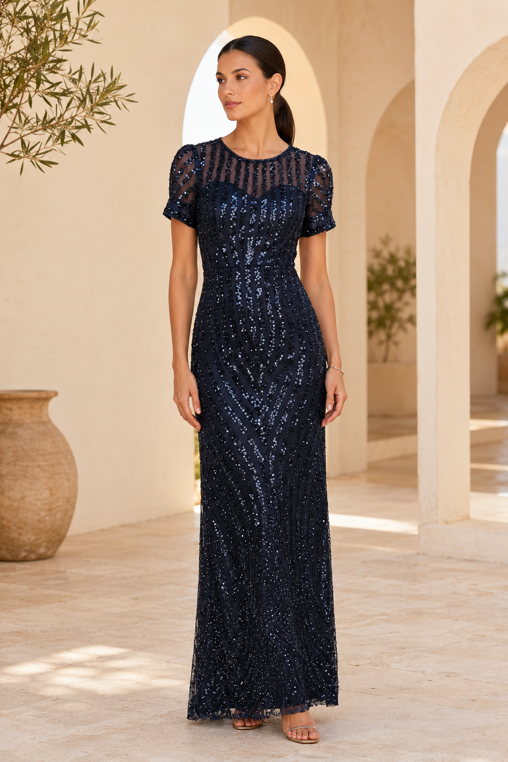 Illusion Neckline Sequin Sheath Evening Gown