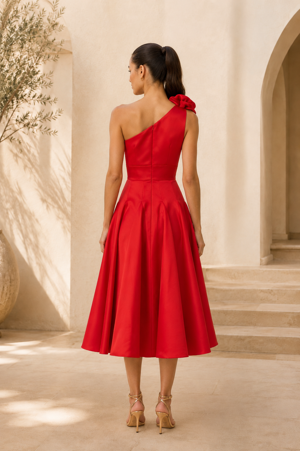 One Shoulder Satin Midi Dress with Rose Detail