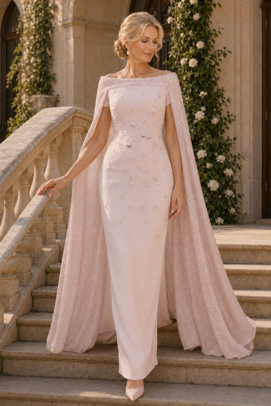 Beaded Column Gown with Shimmering Cape