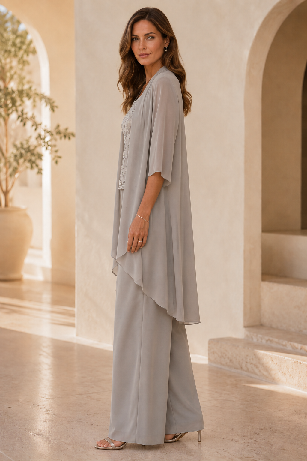 Chiffon 3-Piece Pantsuit with Embroidered Top