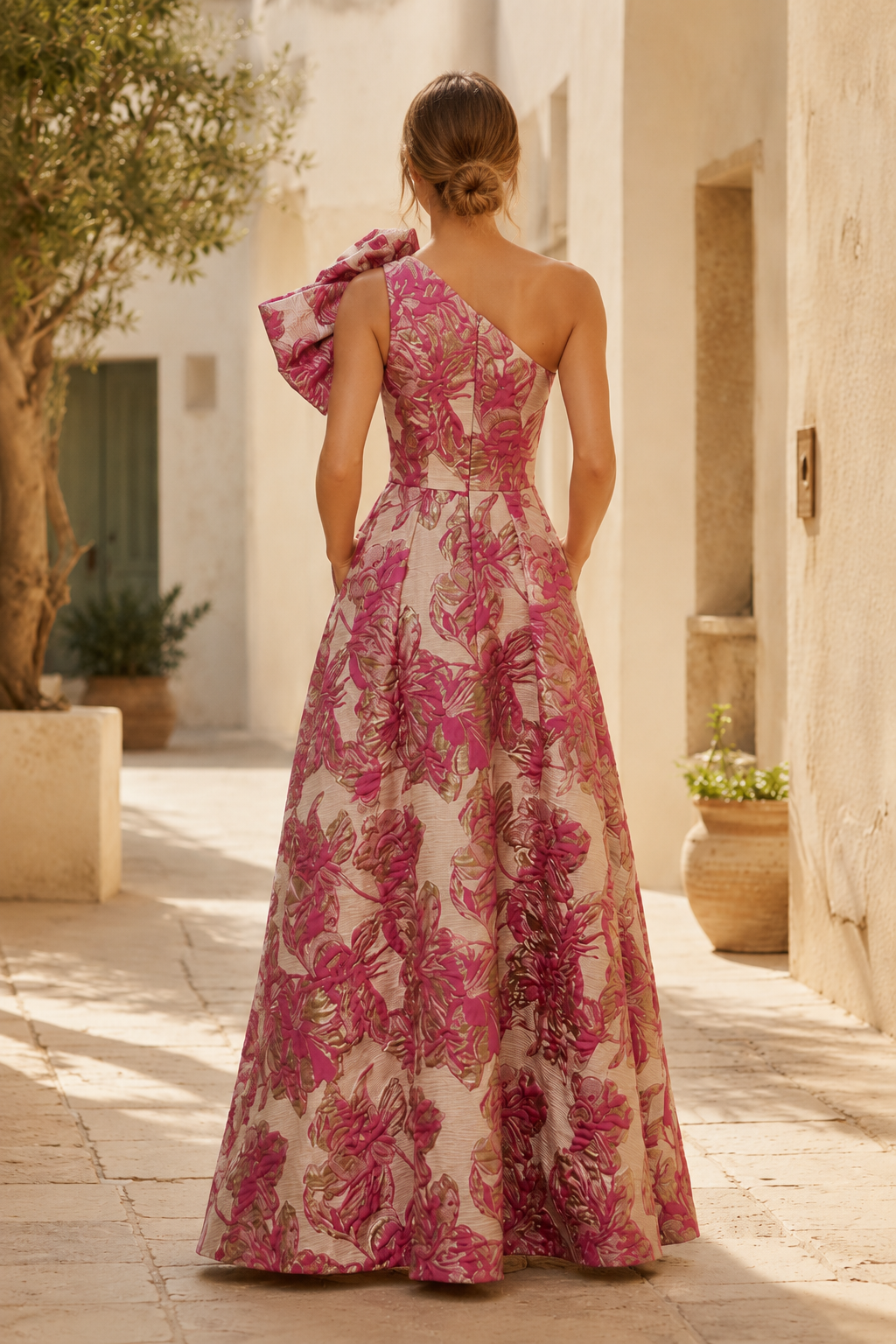 One-Shoulder Floral Brocade A-Line Gown