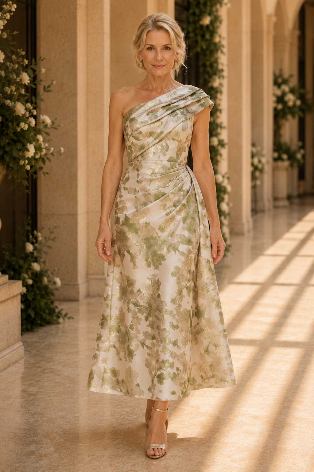 One-Shoulder Floral Jacquard Tea-Length Dress