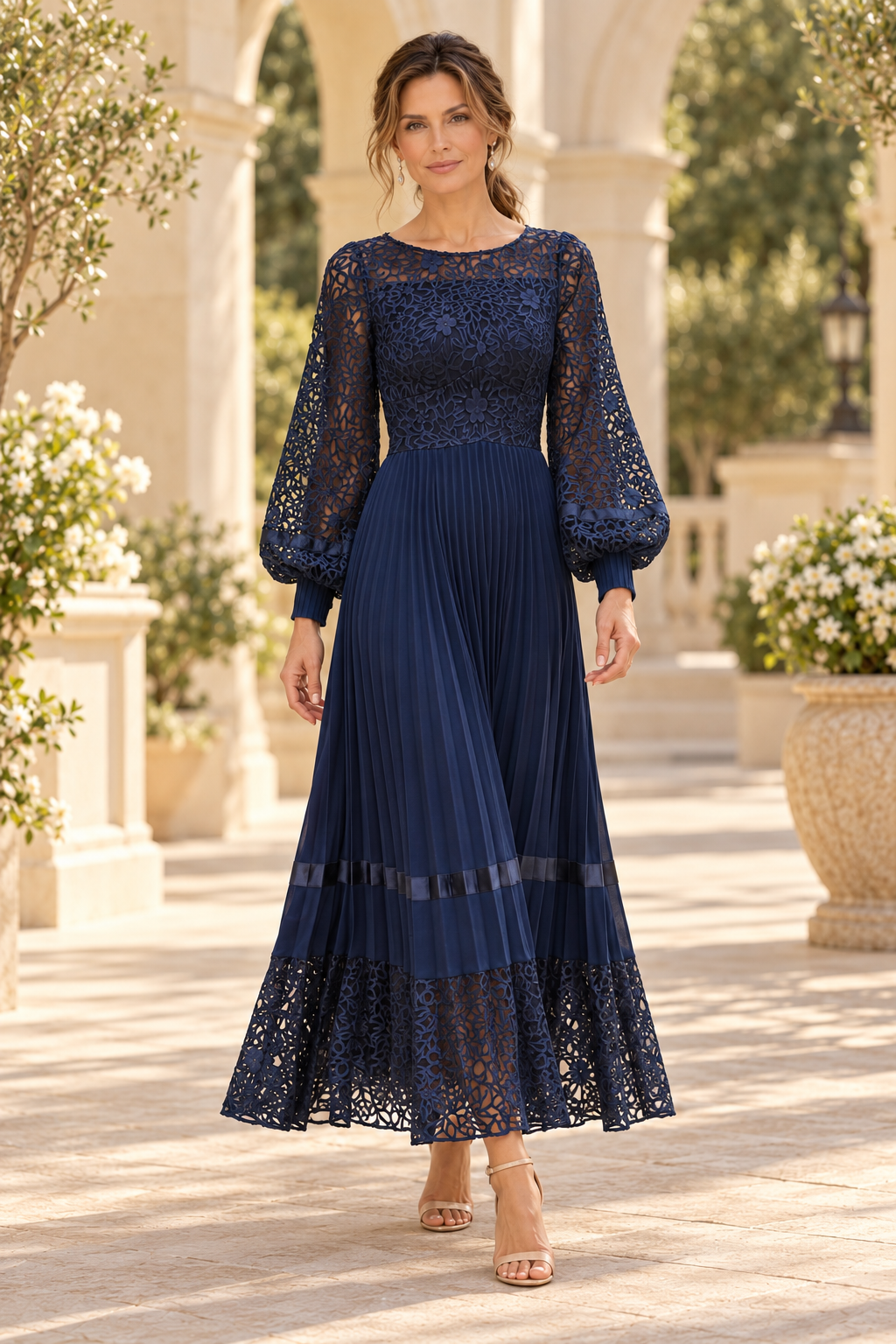 Pleated Maxi Dress with Lace Bodice and Sleeves