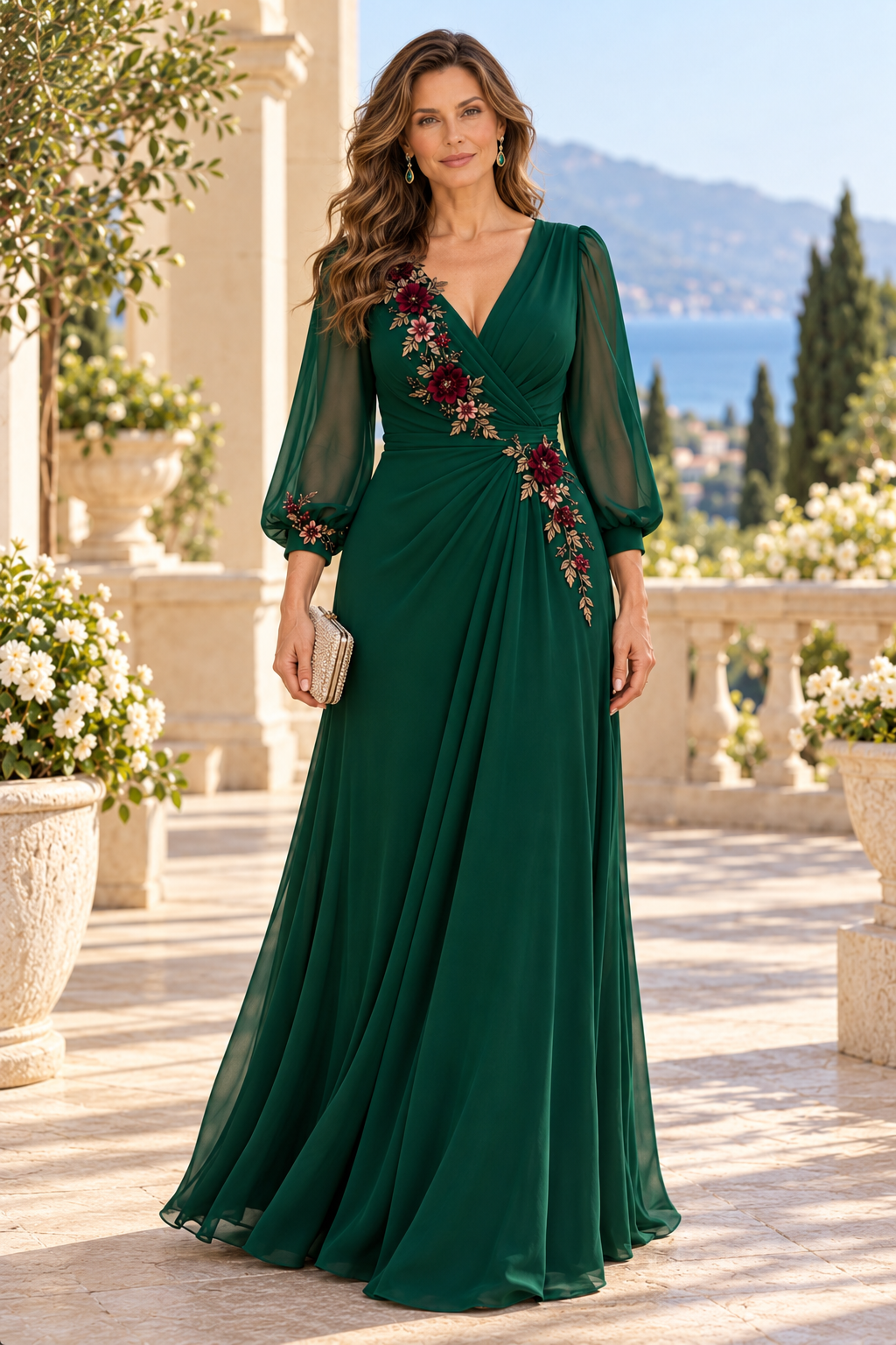 Embroidered Floral V-Neck A-Line Gown