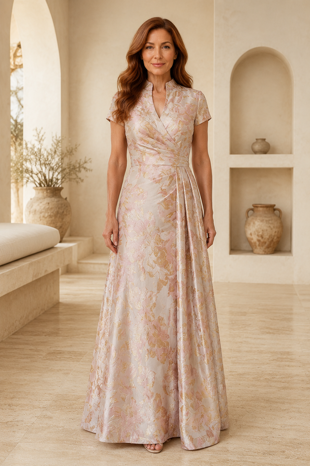 Floral Jacquard A-Line Wrap Gown with Stand Collar