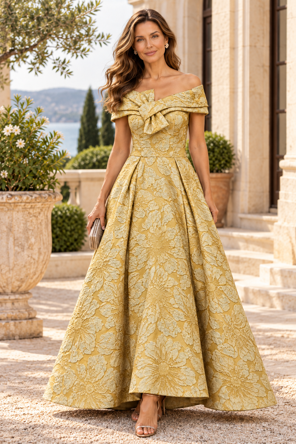 Off-the-Shoulder Jacquard Ball Gown with Bow