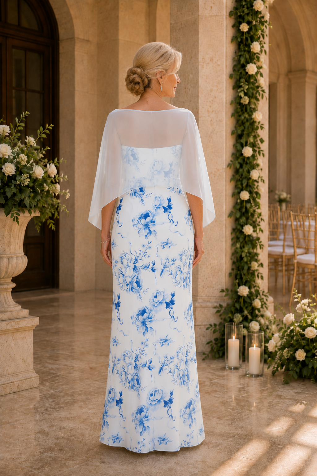 Floral Column Gown with Sheer Capelet