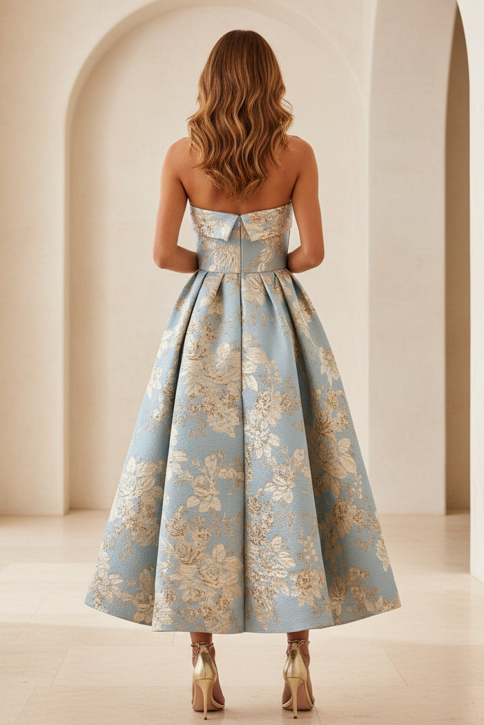Strapless Floral Jacquard A-Line Midi Dress