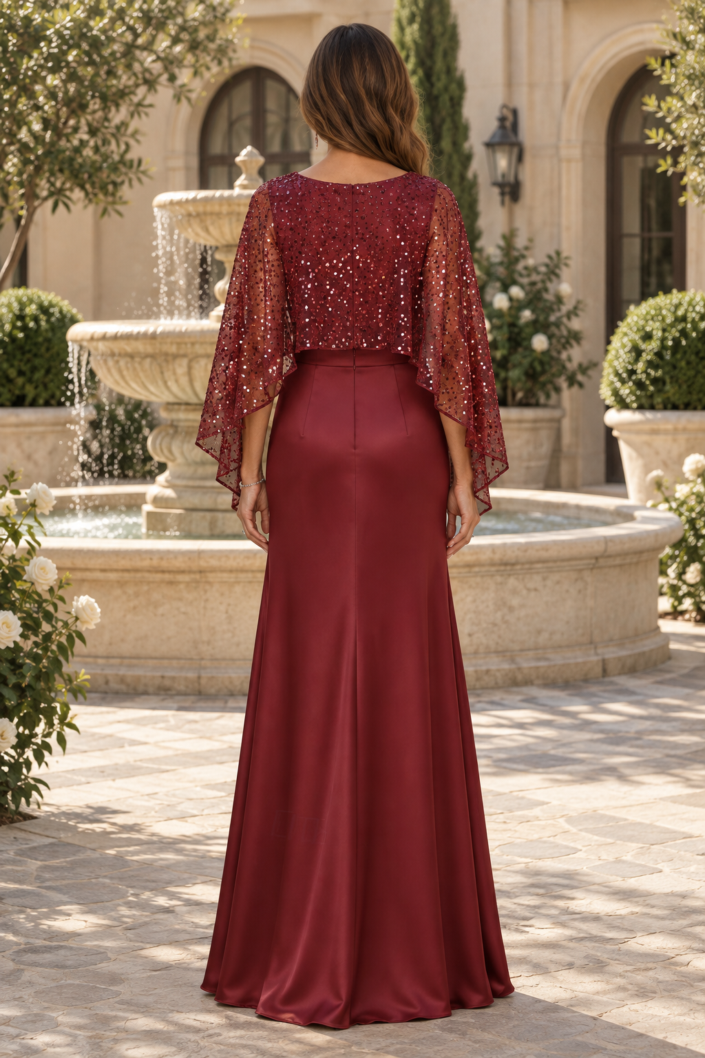 Sequin Capelet Satin Evening Gown