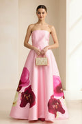 Strapless Satin A-Line Gown with Floral Print