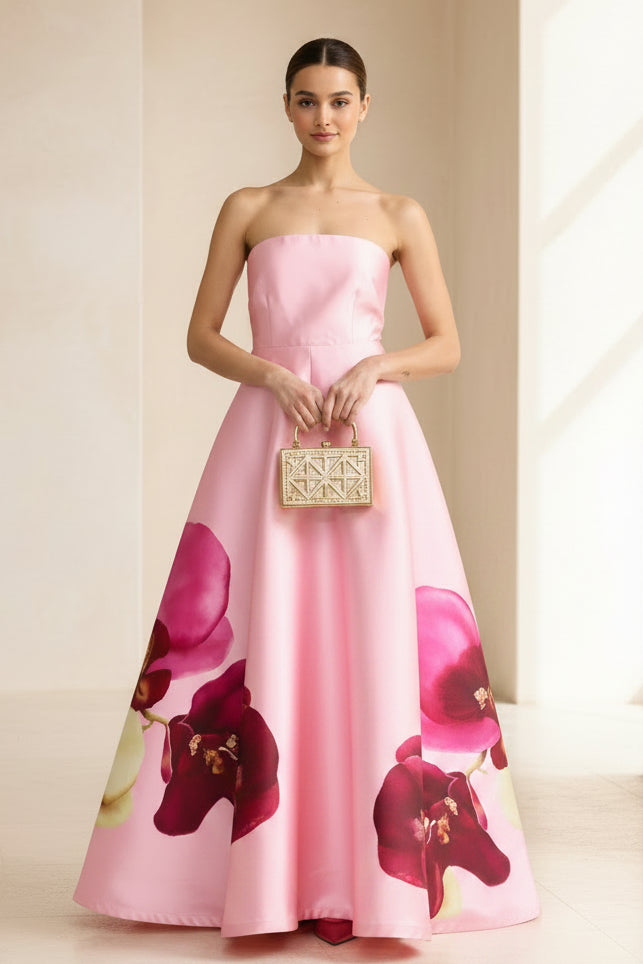 Strapless Satin A-Line Gown with Floral Print