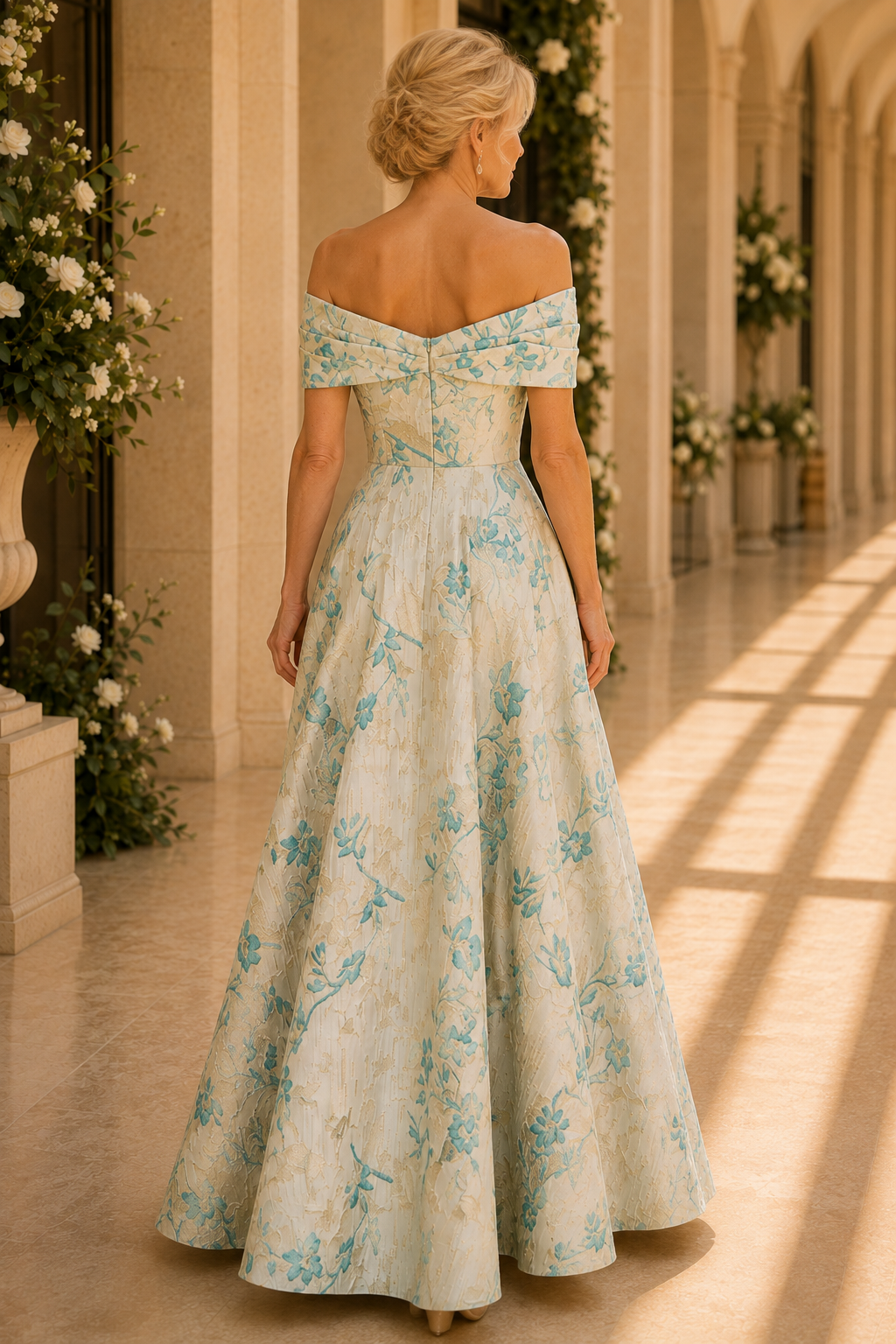 Floral Jacquard Off-the-Shoulder A-Line Gown