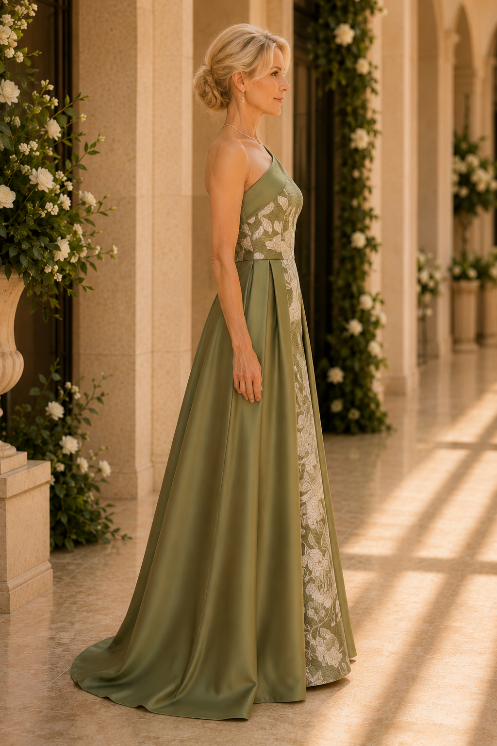 One-Shoulder Floral Jacquard Gown with Overskirt