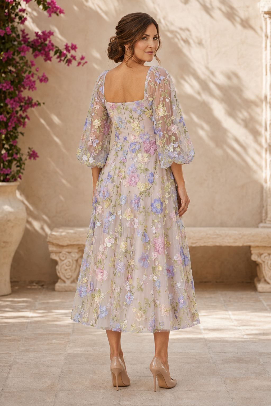 Floral 3D Applique Puff Sleeve Midi Dress